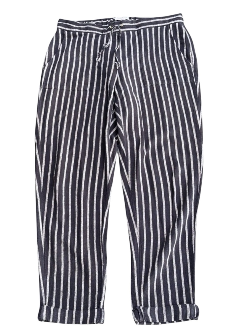 Ellen Tracy Navy/White Stripe Linen Blend Drawstring Cuffed Jogger Pant (M)